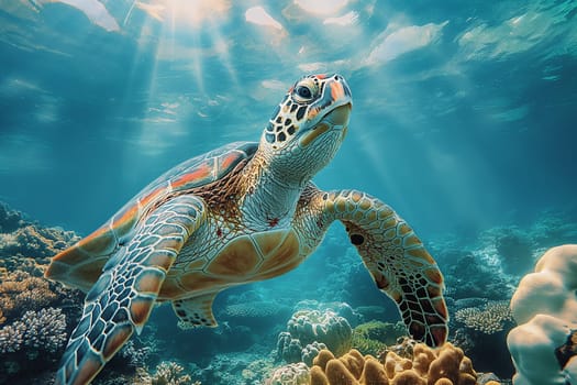 Sea turtle swimming in the ocean near coral reef showcasing marine wildlife in a tropical habitat