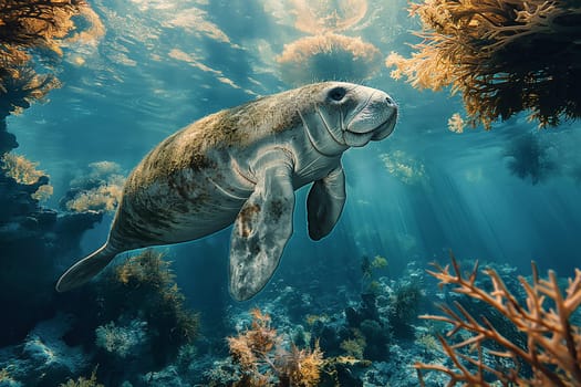 Manatee underwater in the ocean surrounded by marine wildlife and aquatic plantlife near the reef