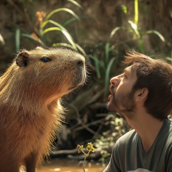 Portrait of a man interacting with a capybara near a pond with lush greenery and bushes