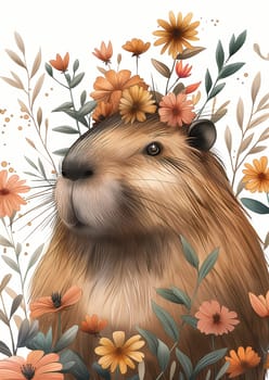 Artistic illustration of a capybara surrounded by colorful flowers and foliage in a botanical setting