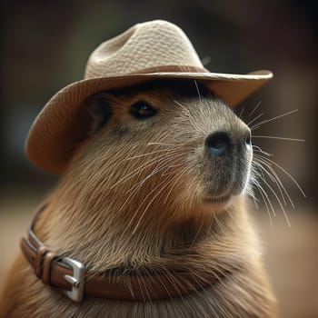 Capybara with hat&#58; Animal rodent wildlife fashion portrait in nature of a mammal wearing a cowboy hat