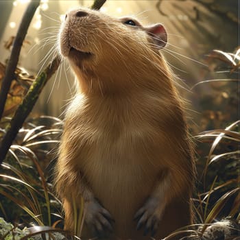 Closeup portrait of a capybara in the forest with sunlight highlighting its fur