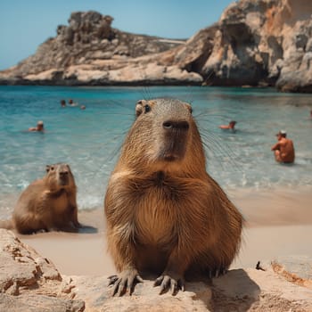 Capybara beach relaxation sun sand ocean rocks leisure wildlife fun nature escape