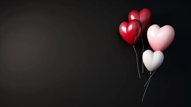 Red, pink, and white heart-shaped balloons floating on a dark background symbolize romantic love