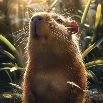 Capybara rodent basking in sunlight, surrounded by grass and nature in the forest