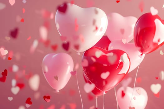 Heart balloons floating in pink and red for a romantic love celebration on Valentine?s Day