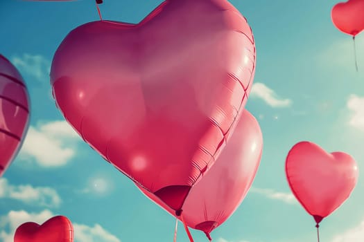 Heart-shaped red balloons floating in the blue sky under the sun, symbolizing love and romance