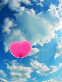 Pink heart balloon floating in the blue sky with clouds on a sunny day