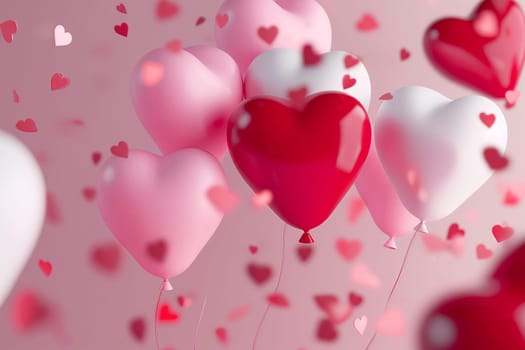 Valentine celebration with floating heart balloons in pink and red for a love-themed party
