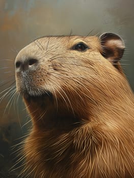 Closeup portrait of a capybara with detailed fur and whiskers, showcasing its nature and eye expression