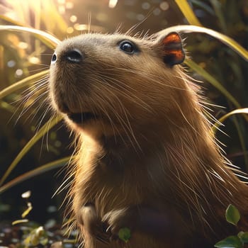 Capybara rodent wildlife portrait in nature with sunlight, fur, and grass in the outdoor environment