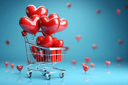 Red heart balloons floating in a shopping cart, a romantic celebration of love and retail
