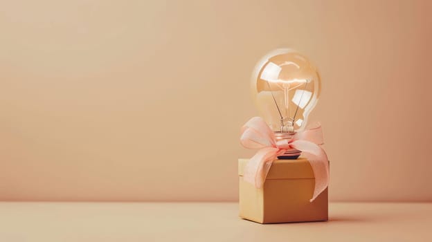 Light bulb on gift box with pink ribbon on beige background, creativity and innovation concept.
