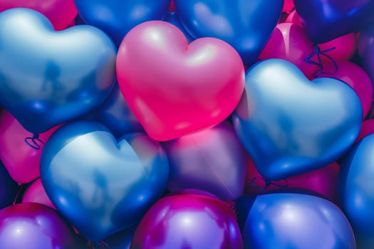 Colorful heart-shaped balloons in blue and pink, perfect for a romantic celebration or party