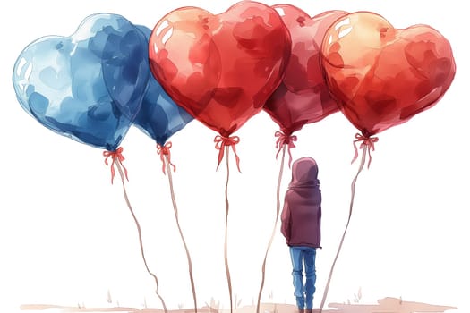 Heart-shaped red and blue balloons tied with strings on valentine's day celebration