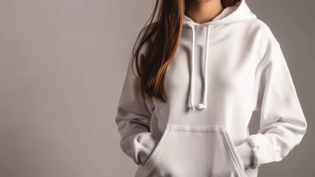 Woman wearing white hoodie on light background.