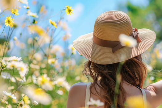 A woman in a stylish summer outfit relaxes outdoors, enjoying the warmth of the sun amidst a field of vibrant wildflowers.