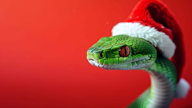 Green snake wearing a santa hat on a red background, close-up view. Holiday season and wildlife concept.