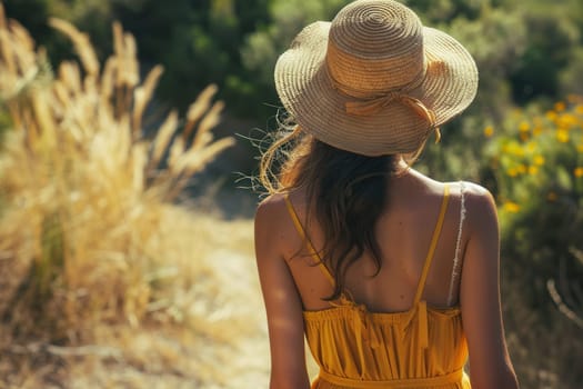 A woman strolls through a sunny meadow, wearing a yellow summer dress and a straw hat, embracing the warmth of a beautiful day outdoors.