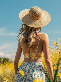 A woman in a summer outfit admires the sunny landscape while standing in a vibrant field of yellow wildflowers on a beautiful day.