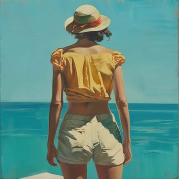 A woman stands facing the ocean, dressed in a vibrant summer outfit, soaking up the sun and enjoying the tranquil seaside view.