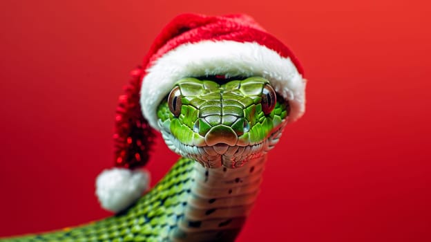 Green snake wearing Santa hat on red background, festive concept.