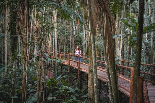 Brazilian woman with a red sweater, Standing on a wooden bridge at a hiking trail. Jardim Botanic Garden, São Paulo, Brazil.