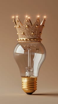 Light bulb with golden crown on beige background, conceptual design. Creativity and innovation concept.