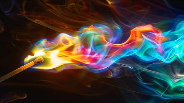 Matchstick igniting colorful swirling flames on black background, abstract art concept.
