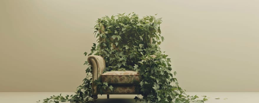 Vintage armchair covered with lush green ivy, minimalist indoor setting.