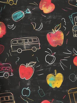 Chalkboard adorned with vibrant drawings of globes, rulers, pencils, and lightbulbs, creating an engaging classroom atmosphere for students.