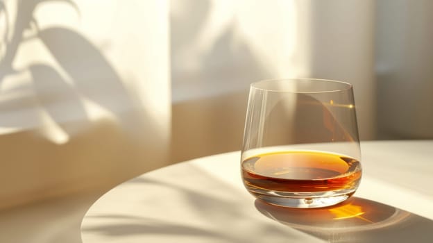 Glass of whiskey on a table with sunlight and shadows, minimalist interior. Elegant and refined lifestyle concept.