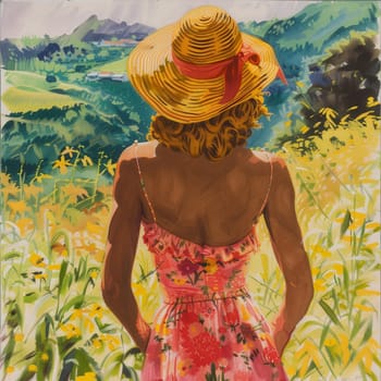 A woman in a colorful floral dress and straw hat stands in a meadow, gazing at the beautiful landscape of hills and wildflowers under the warm summer sun.