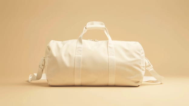 White duffel bag on a beige background, studio shot. Minimalist travel and fashion concept.