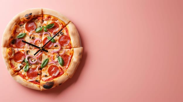 Pizza shaped like a clock on a pink background. Creative food concept.