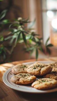 Homemade cookies on a white plate with green cannabis leaves in the background, warm lighting. Edible cannabis concept.