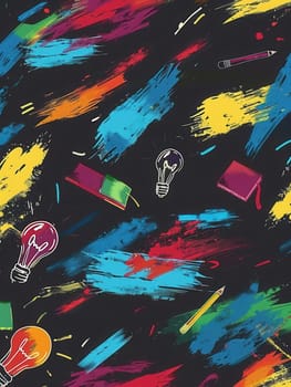 A chalkboard adorned with vibrant strokes and detailed drawings of classroom essentials like globes, rulers, calculators, and lightbulbs.