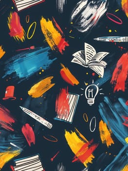A vibrant chalkboard adorned with artistic brush strokes and detailed drawings of globes, calculators, and other classroom supplies captures the essence of creative learning.