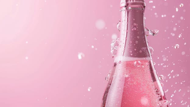 Pink champagne bottle with bubbles and water droplets on a pink background. Celebration and luxury concept.