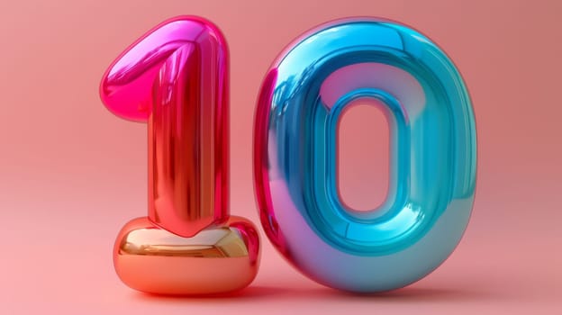 Colorful glossy balloon number 10 on pink background, studio shot. Celebration and anniversary concept.
