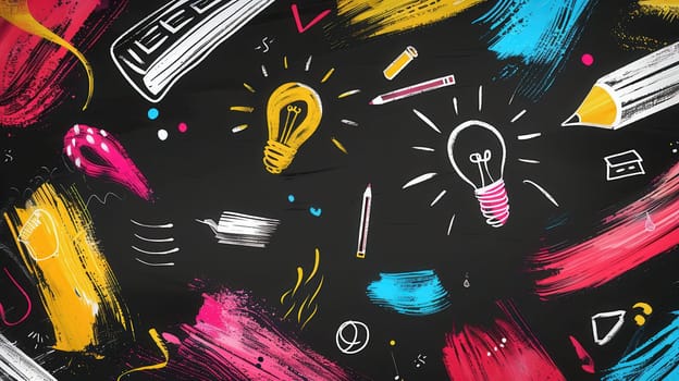 A chalkboard is artistically adorned with vibrant brush strokes and detailed illustrations of classroom essentials like globes, calculators, and lightbulbs.
