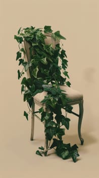 Vintage chair covered with green ivy against beige background, still life composition.