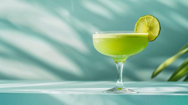 Green cocktail with lime slice on a light blue background, refreshing summer drink concept.
