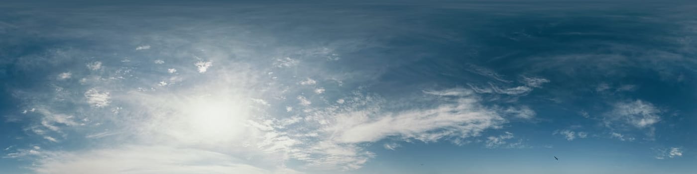 Dark blue sunset sky panorama with pink Cumulus clouds. Seamless hdr 360 pano in spherical equirectangular format. Full zenith for 3D visualization, game, sky replacement for aerial drone panoramas