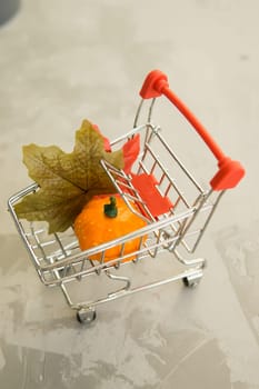 Grocery cart with decorative pumpkins and maple leaves on a concrete background. The concept of the autumn sales. Black Friday and cyber Monday. Space for text.