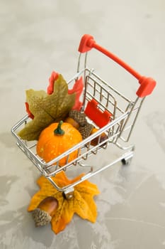 Grocery cart with decorative pumpkins and maple leaves on a concrete background. The concept of the autumn sales. Black Friday and cyber Monday. Space for text.