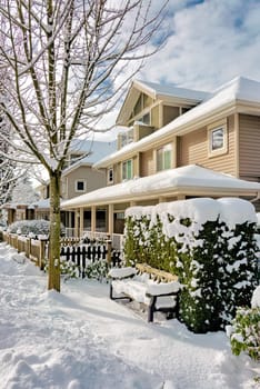 Street of residential duplex houses on sunny winter day in Coquitlam, BC, Canada.