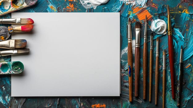Top view of art supplies with blank sketchbook. Concept of creativity and hobbies