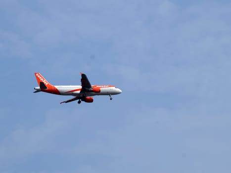 Varna, Bulgaria - September, 28 2021: EasyGet passenger plane in the sky close up