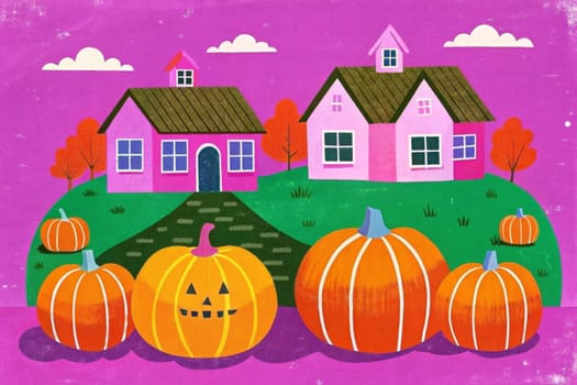 A quaint schoolhouse sits on a hillside amidst a vibrant orange sky. A row of large pumpkins sits in front of the building, marking the beginning of a harvest season in the countryside.
